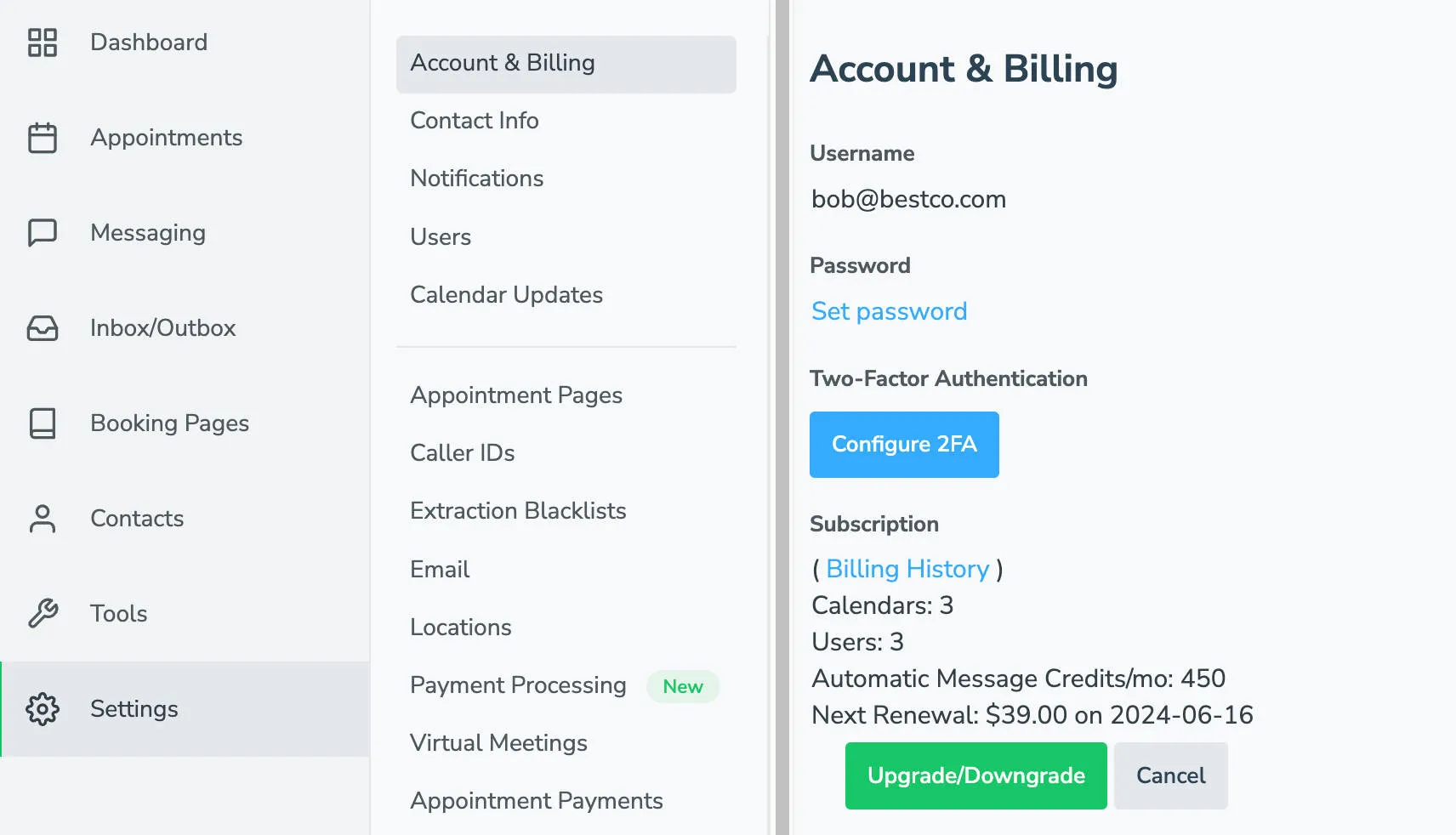 Accounts & Billing page with upgrade/downgrade option.