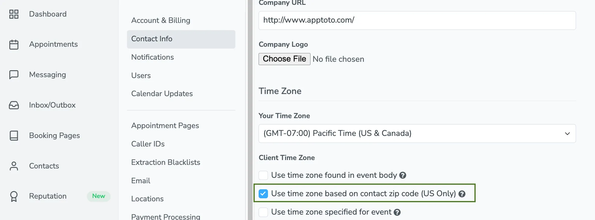 use time zone based on contact zip code setting in Apptoto