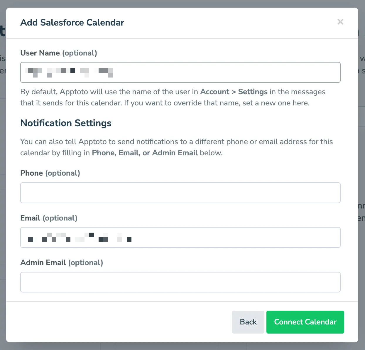 Apptoto interface where users should enter user name and notification settings for Salesforce calendar
