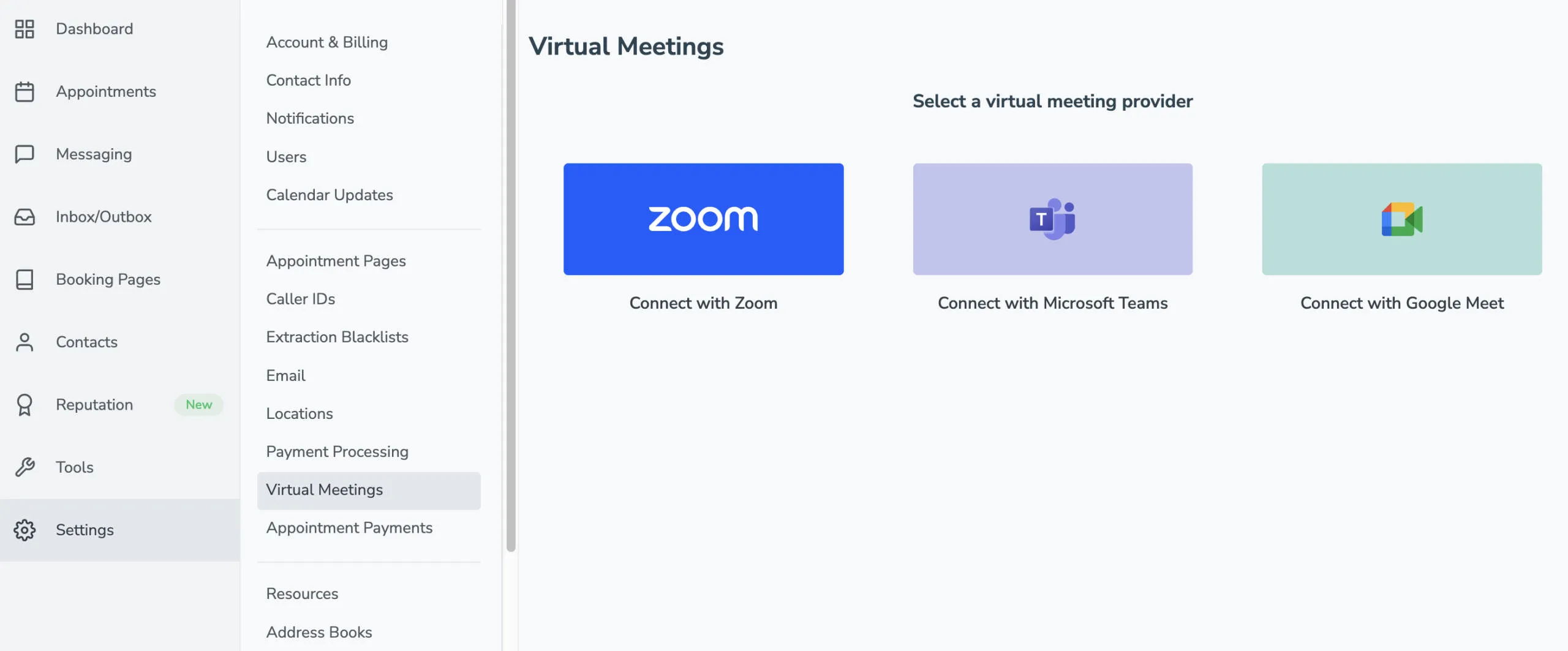 Select your virtual meeting provider from Zoom, Teams, or Google Meet