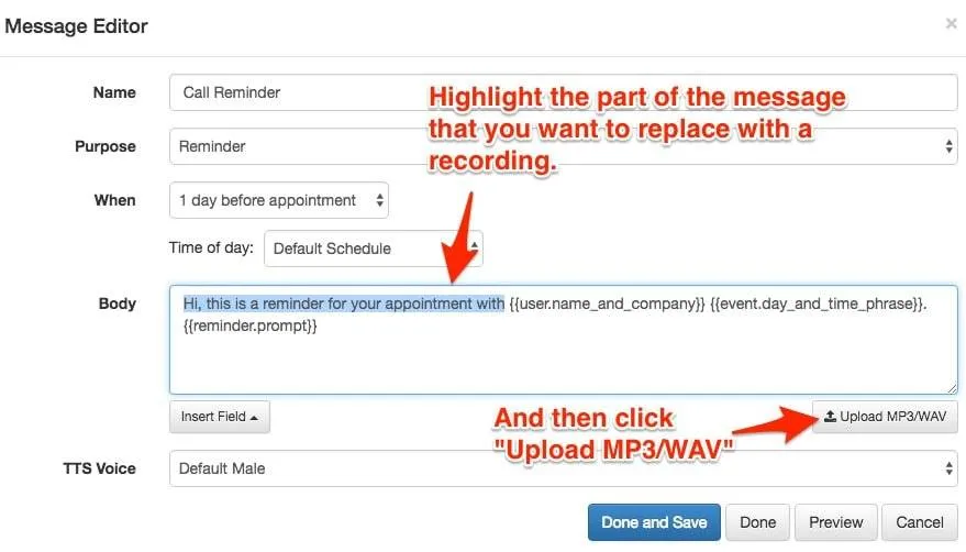 Apptoto voice message customization showing where to add an MP3 or WAV recording