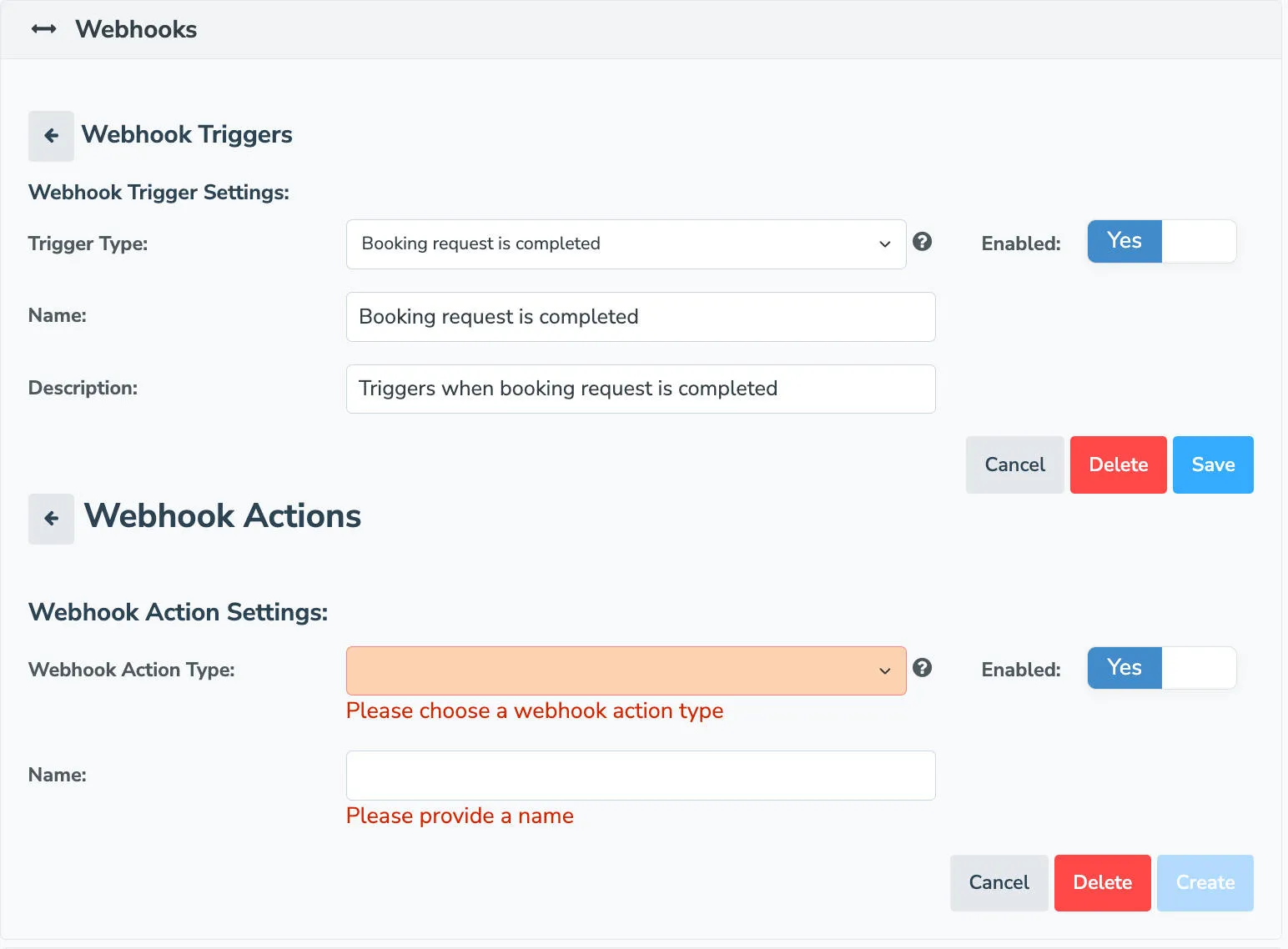 enter details for the webhook action you want to take place after a trigger