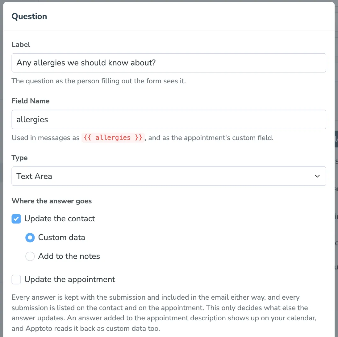 A question set to update the contact's custom data