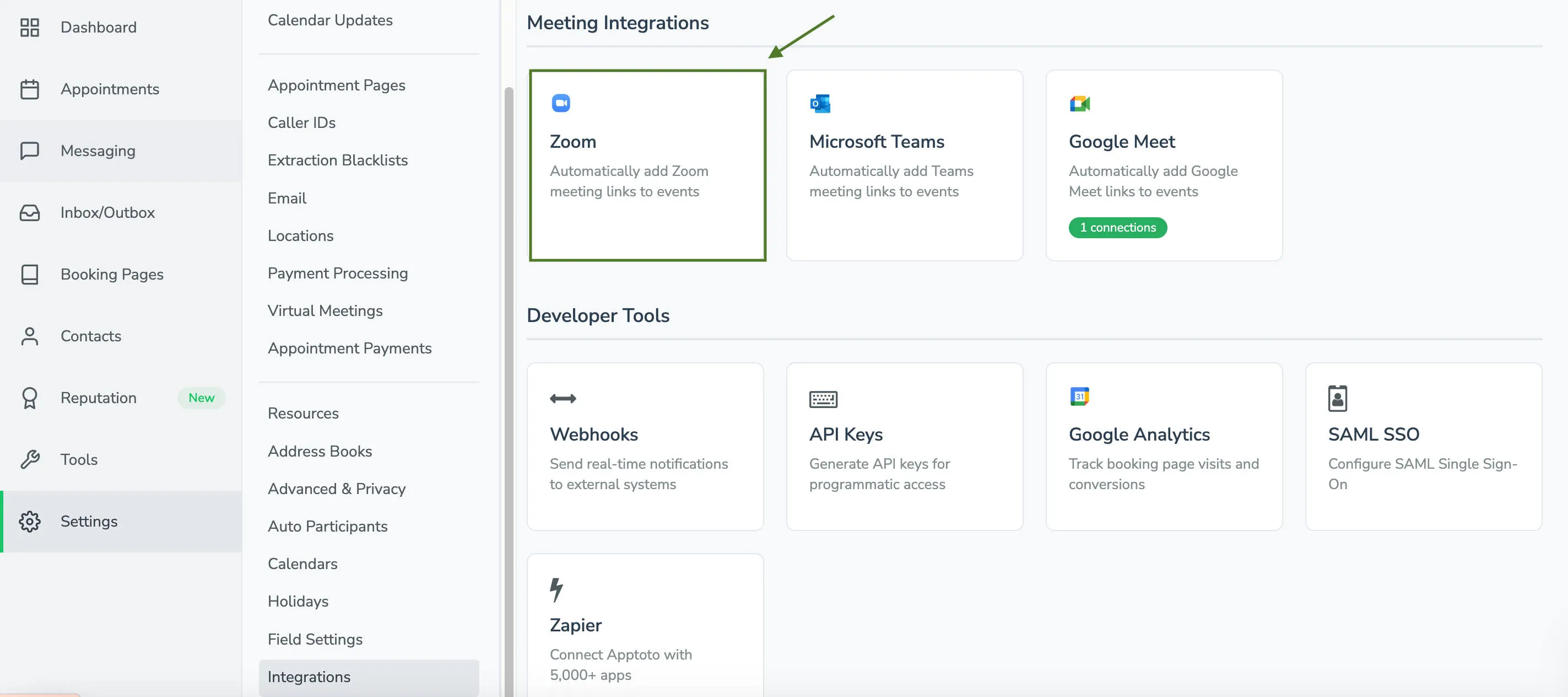 Apptoto integrations page with Zoom virtual calling platform highlighted.